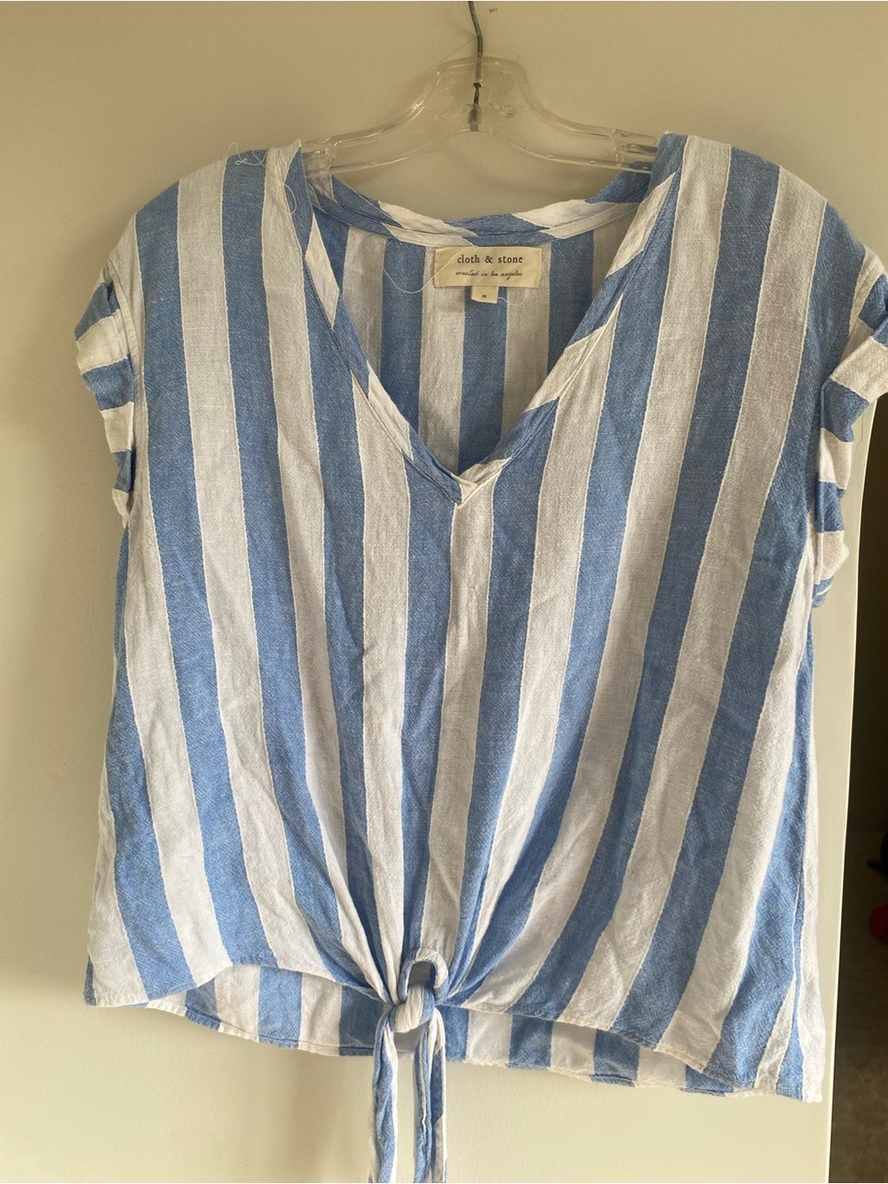 cloth & stone Blue and White Vertical Stripe Tie-Front V-Neck Blouse